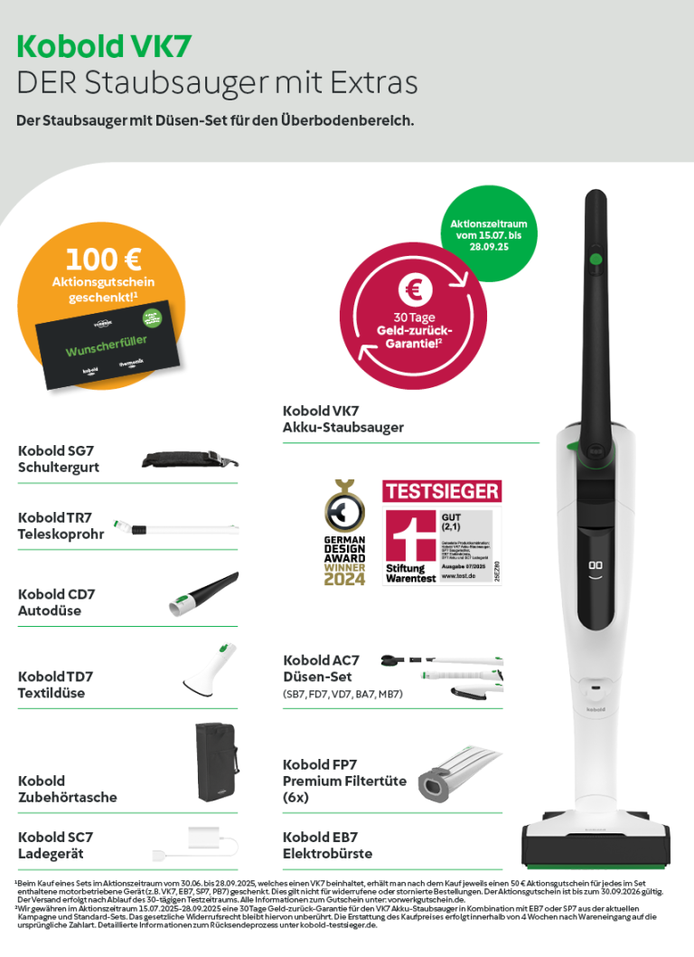Vorwerk Kobold VK7: kabelloser Staubsauger mit Extras und Preisangebot.