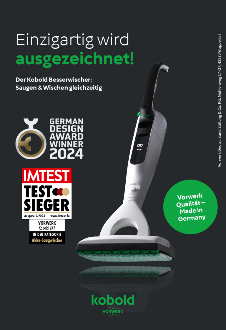 Ein Kobold Staubsauger mit mit Saugwischer und Auszeichnung und dem Slogan "Einzigartig wird ausgezeichnet!"