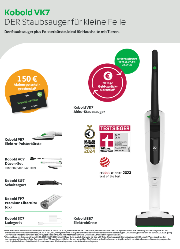 Vorwerk Kobold VK7: kabelloser Staubsauger mit Posterbürste PB7 und Preisangebot.