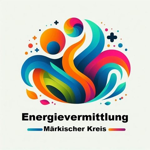 Bunte, abstrakte Darstellung mit Figuren und dynamischen Farben für Energievermittlung im Märkischen Kreis.