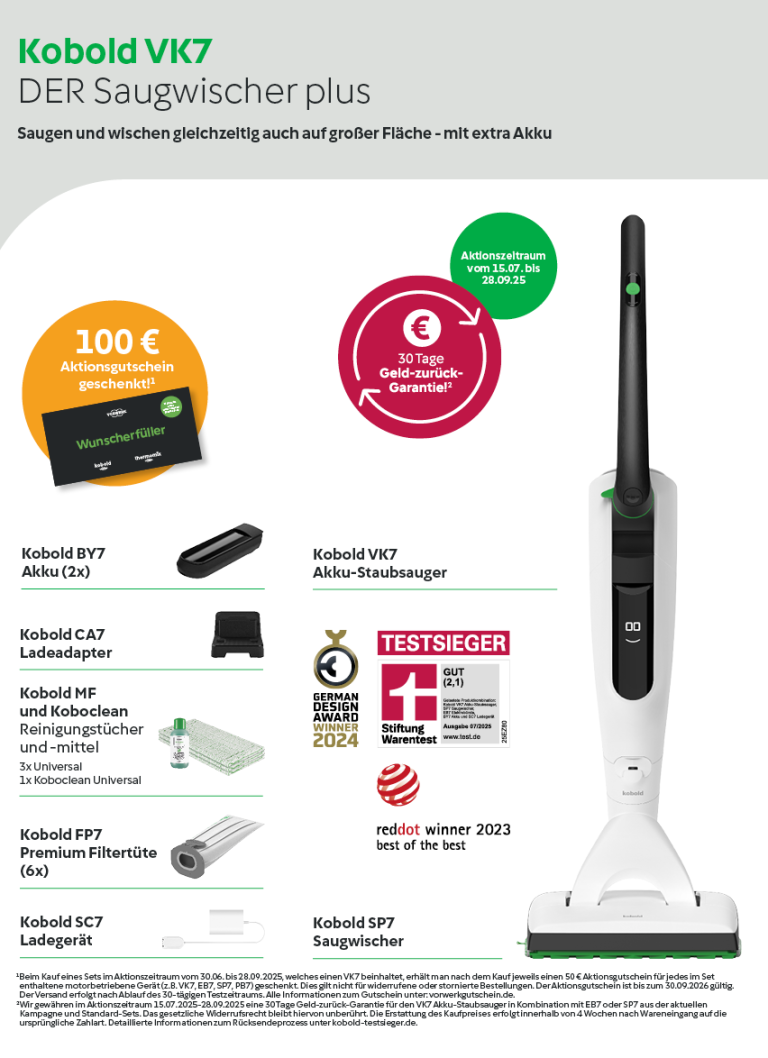 Vorwerk Kobold VK7: kabelloser Saugwischer mit Extras und Preisangebot.