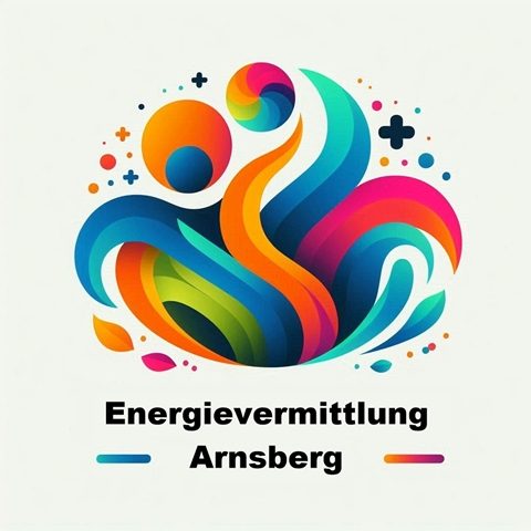Bunte Illustration mit spielerischen Formen und dem Text "Energievermittlung Arnsberg".