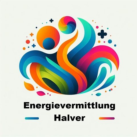 Energievermittlung Halver Bunte Grafik mit stilisierten Figuren und dem Text "Energievemittlung Halver".