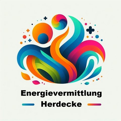 Energievermittlung Eslohe Bunte, abstrahierte Darstellung von Energie und Bewegung mit Schriftzug "Energievermittlung Eslöhe".