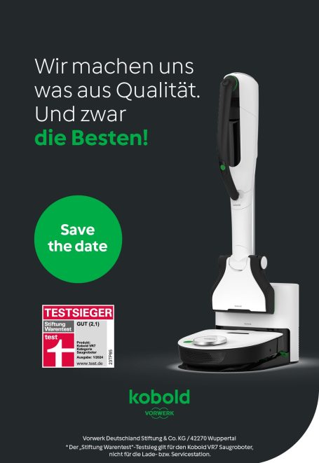 Hochwertiger Kobold Staubsauger mit Hinweis auf Auszeichnung und "Save the date"-Text.