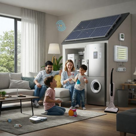 Familie mit zwei Kindern in moderner Wohnung, umgeben von Geräten und Solarpanel.