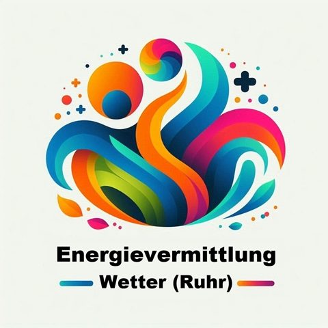Energievermittlung Wetter (Ruhr) Buntes Logo mit stilisierten Figuren und Energiewellen, beschriftet "Energievermittlung Wetter".