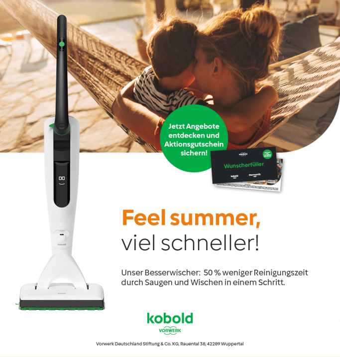 Ein Kobold-Staubsauger mit dem Slogan „Feel summer, viel schneller!“ und Aktionsinformationen.