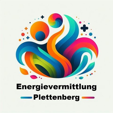 Bunte, stilisierte Darstellung von Figuren und Wellen mit dem Text "Energievermittlung Plettenberg".