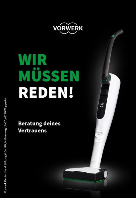 Werbung für einen VORWERK Saubsauger mit dem Slogan "Wir müssen reden!"