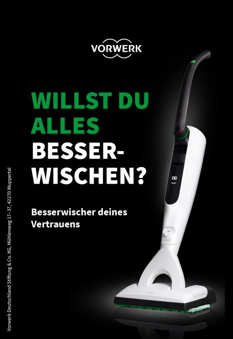 Werbung für einen Saugwischer mit dem Slogan: "Willst du alles besser wischen?"